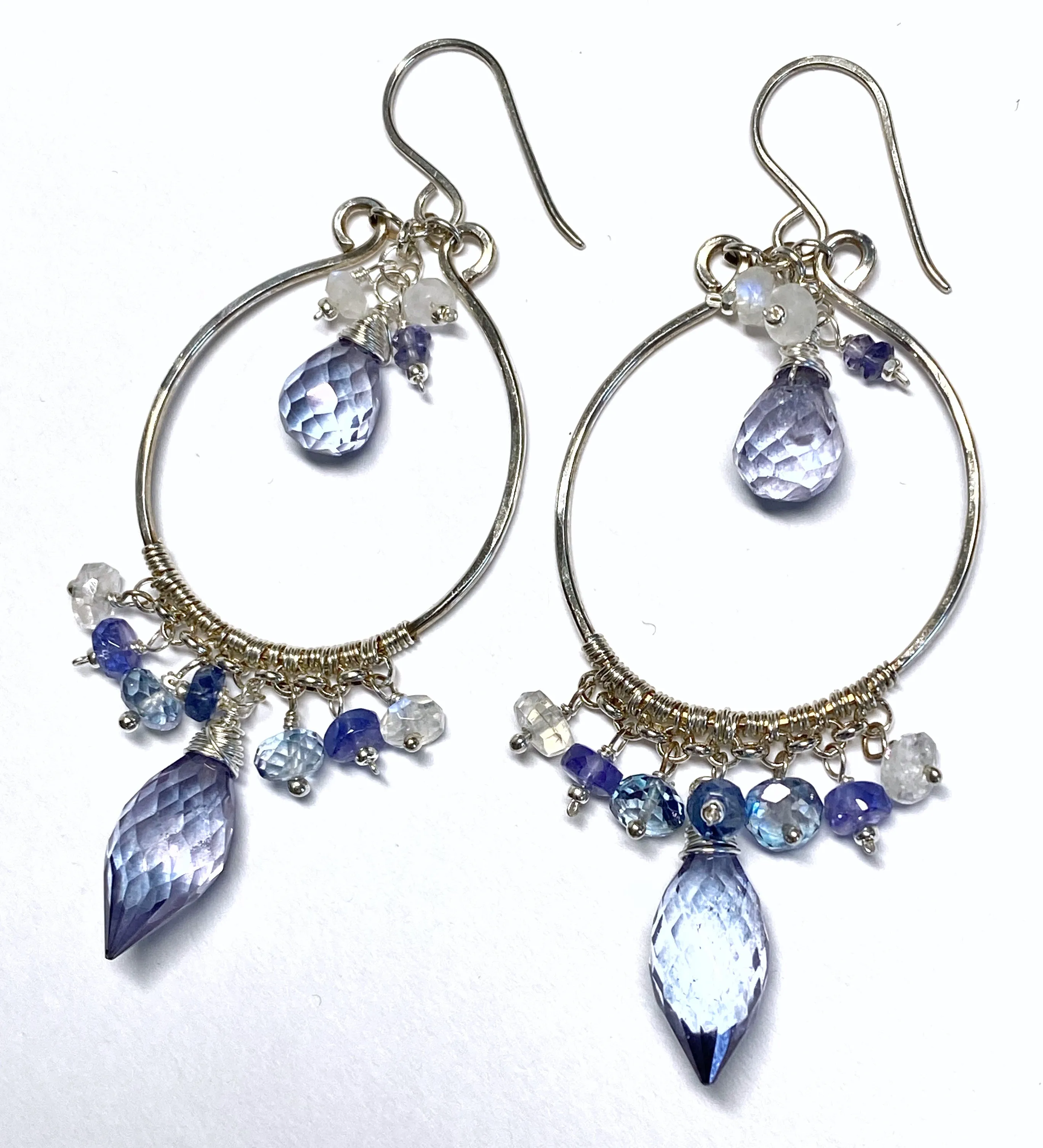 Blue Purple Gemstone Chandelier Hoop Earrings Sterling Silver