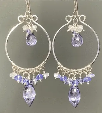 Blue Purple Gemstone Chandelier Hoop Earrings Sterling Silver
