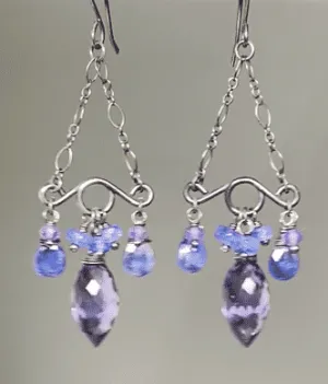 Blue Purple Gemstone Handmade Chandelier Earrings Oxidized Silver Tanzanite