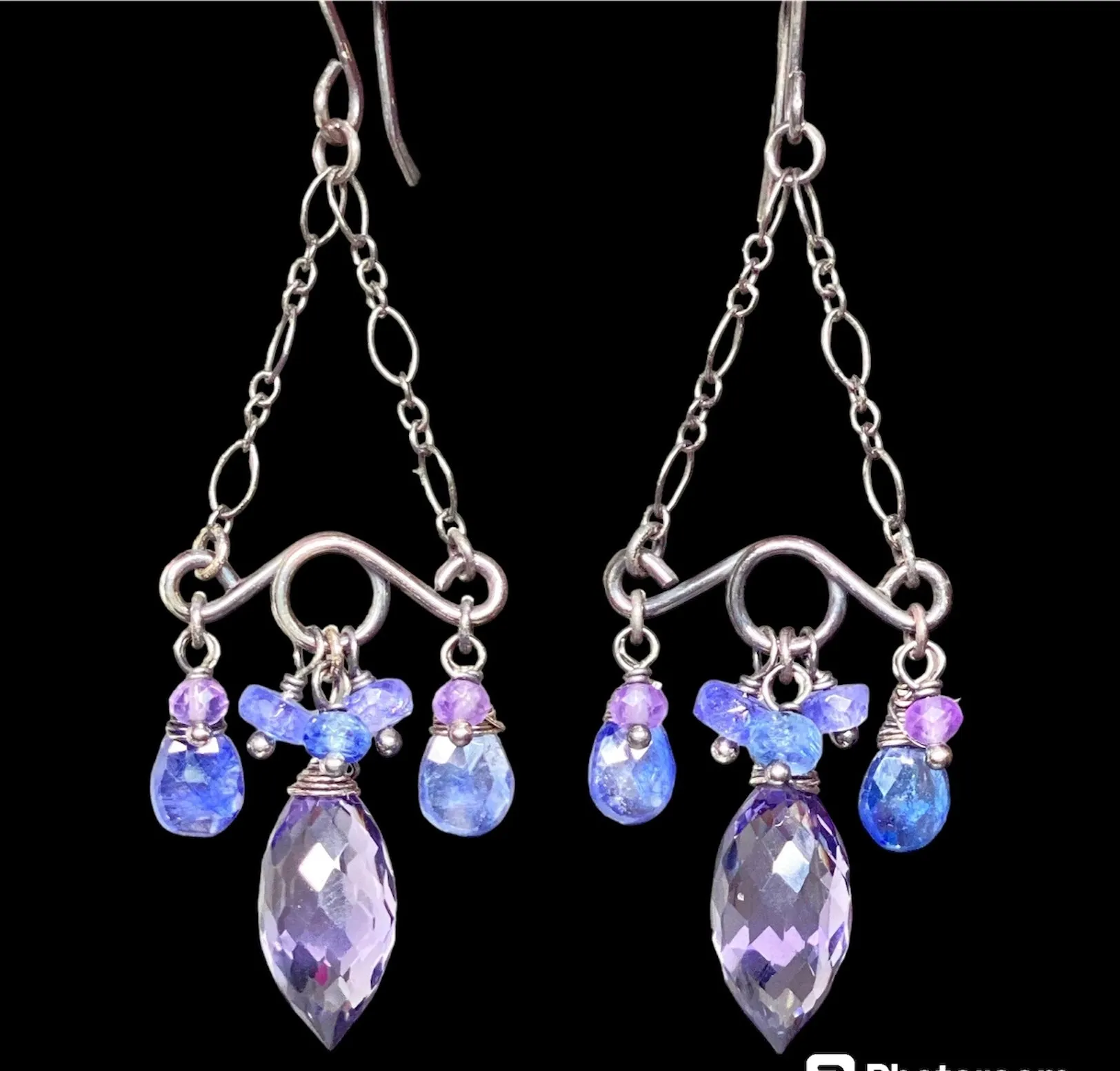 Blue Purple Gemstone Handmade Chandelier Earrings Oxidized Silver Tanzanite