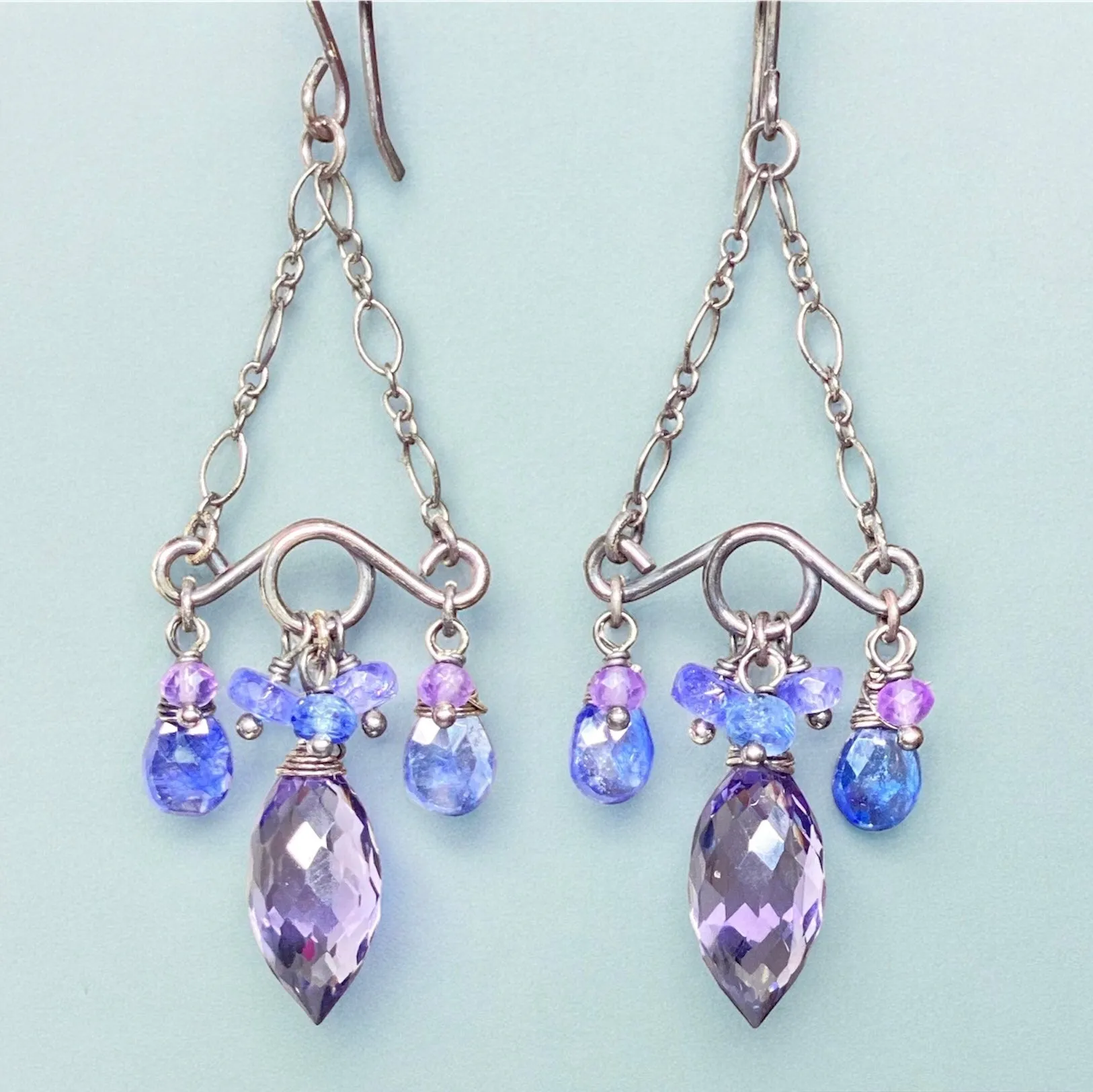 Blue Purple Gemstone Handmade Chandelier Earrings Oxidized Silver Tanzanite
