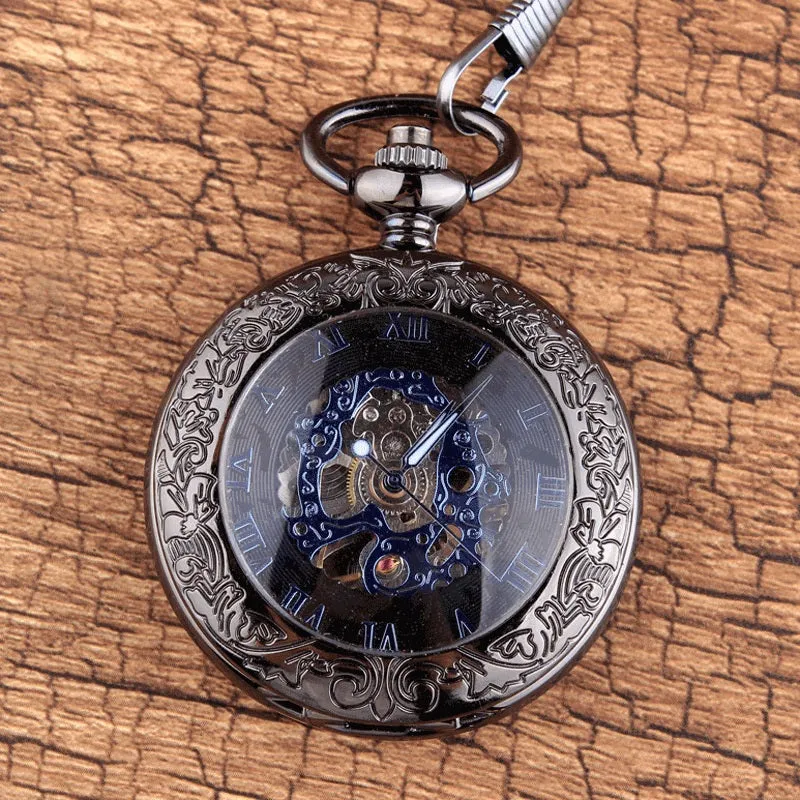 Blue Roman Numerals Mechanical Pocket Watch