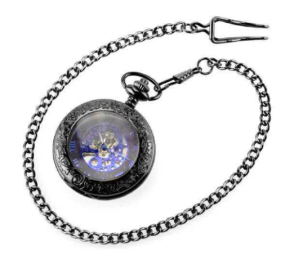 Blue Roman Numerals Mechanical Pocket Watch