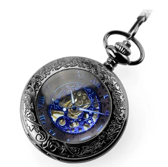 Blue Roman Numerals Mechanical Pocket Watch