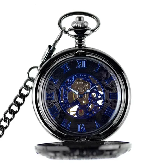 Blue Roman Numerals Mechanical Pocket Watch