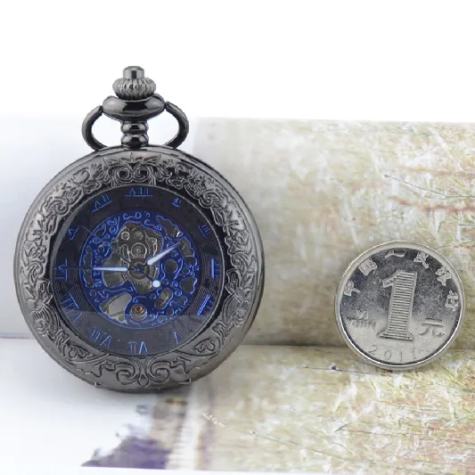 Blue Roman Numerals Mechanical Pocket Watch