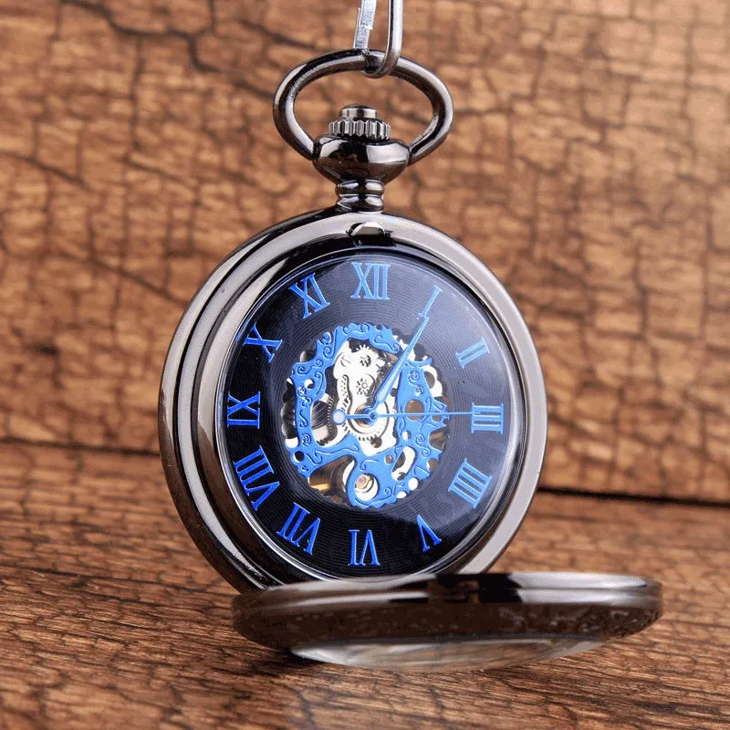 Blue Roman Numerals Mechanical Pocket Watch