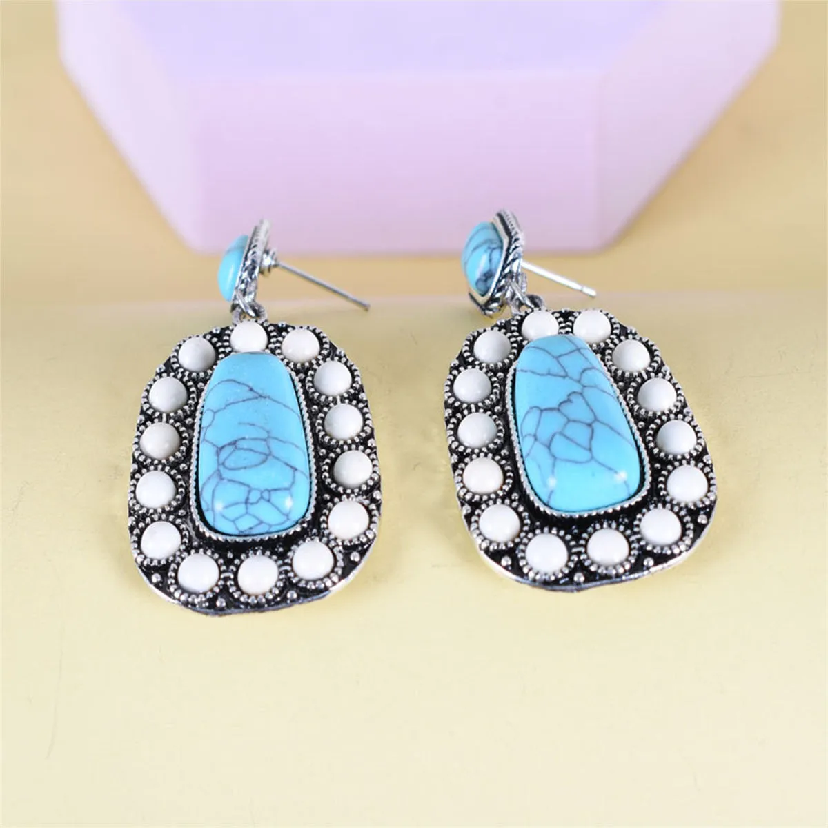 Blue Turquoise & White Resin Oval Drop Earrings