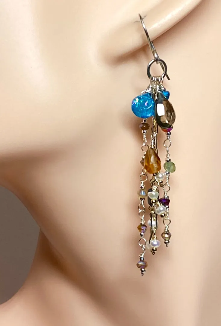 Boho Long Gem Dangle Earrings in Mixed Metals with Smokey Quartz, Apatite