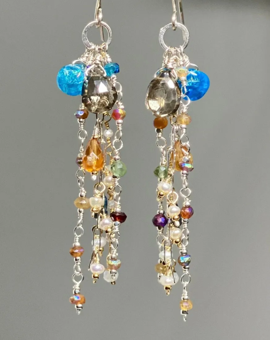 Boho Long Gem Dangle Earrings in Mixed Metals with Smokey Quartz, Apatite