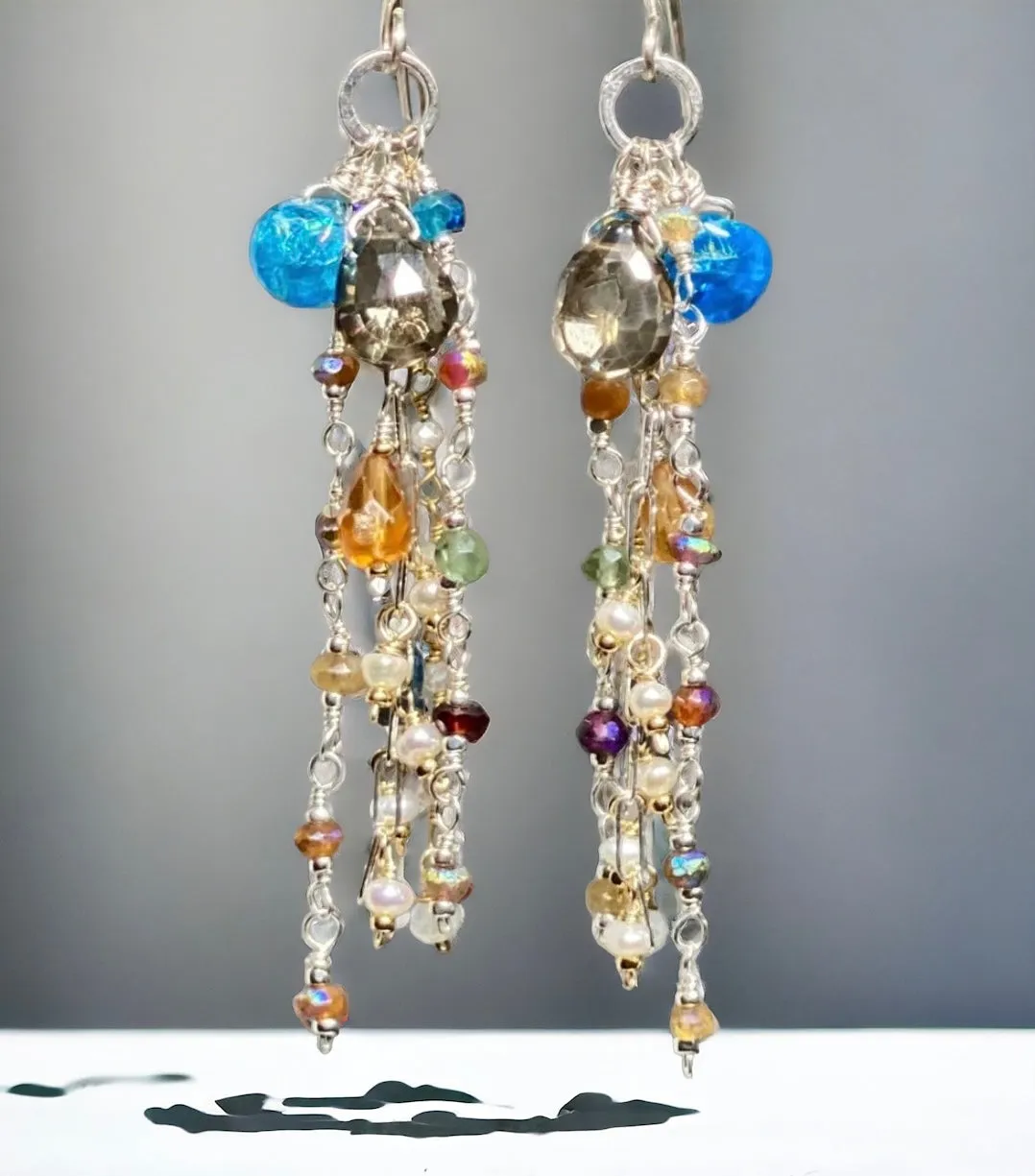 Boho Long Gem Dangle Earrings in Mixed Metals with Smokey Quartz, Apatite