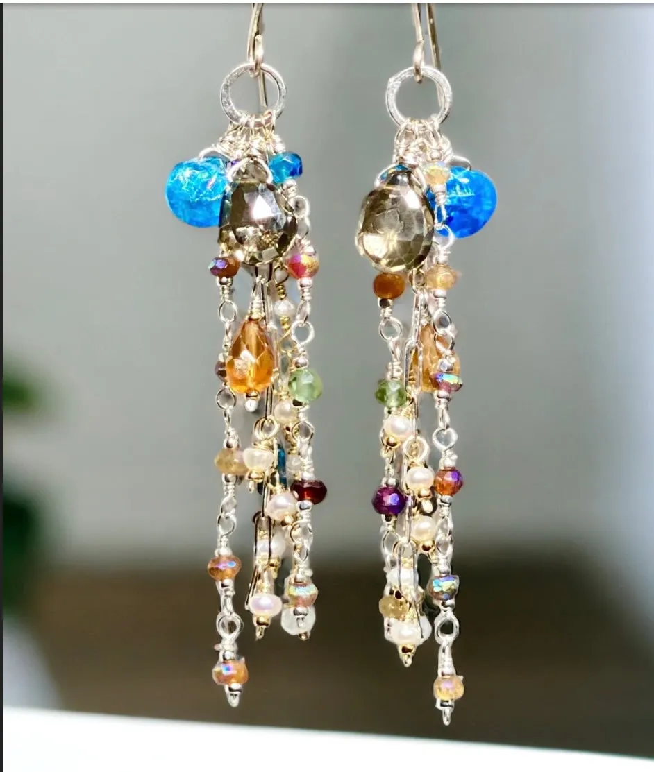 Boho Long Gem Dangle Earrings in Mixed Metals with Smokey Quartz, Apatite