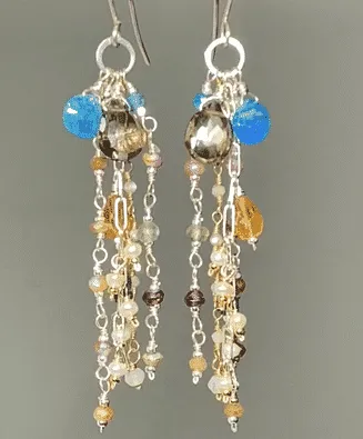 Boho Long Gem Dangle Earrings in Mixed Metals with Smokey Quartz, Apatite