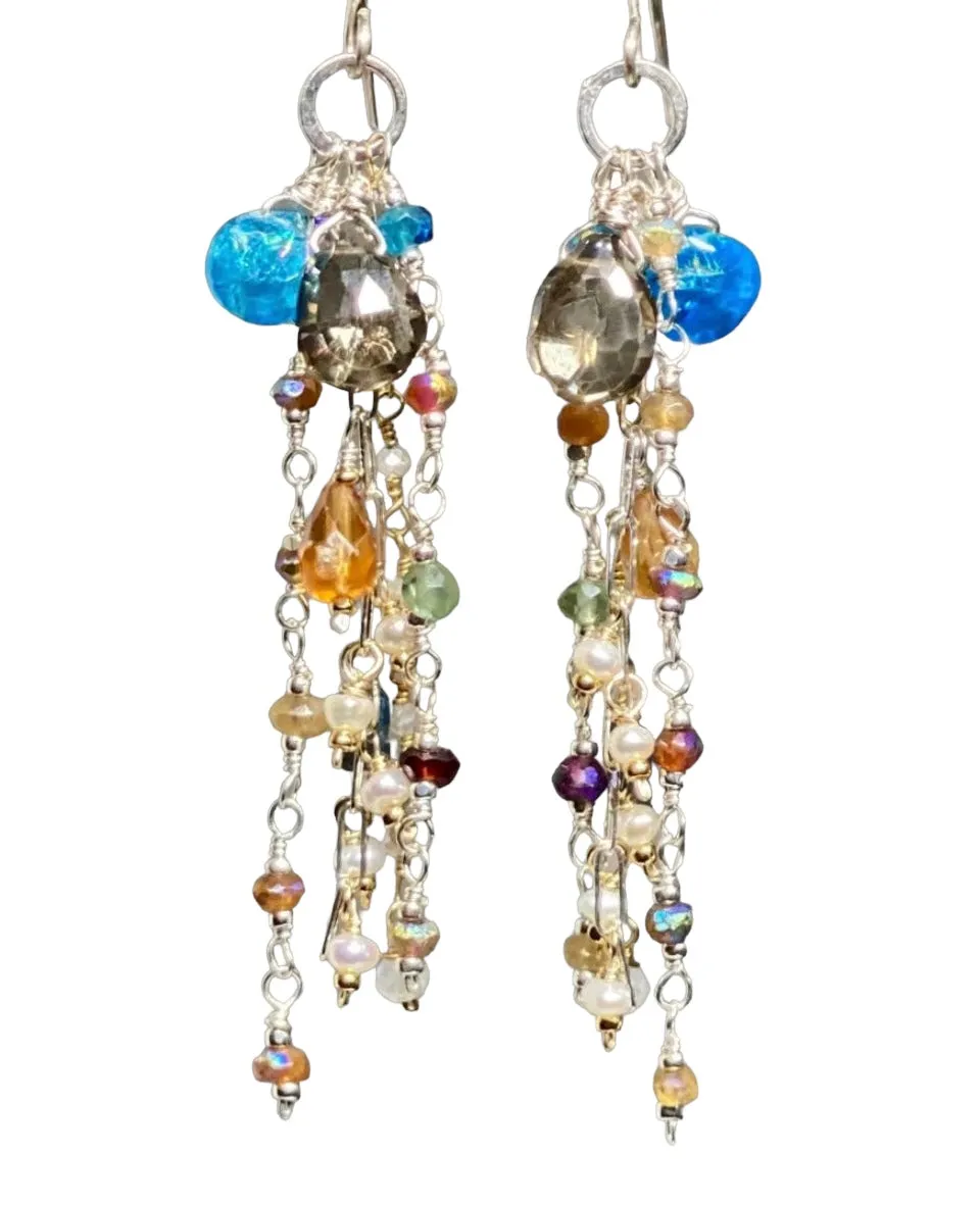 Boho Long Gem Dangle Earrings in Mixed Metals with Smokey Quartz, Apatite