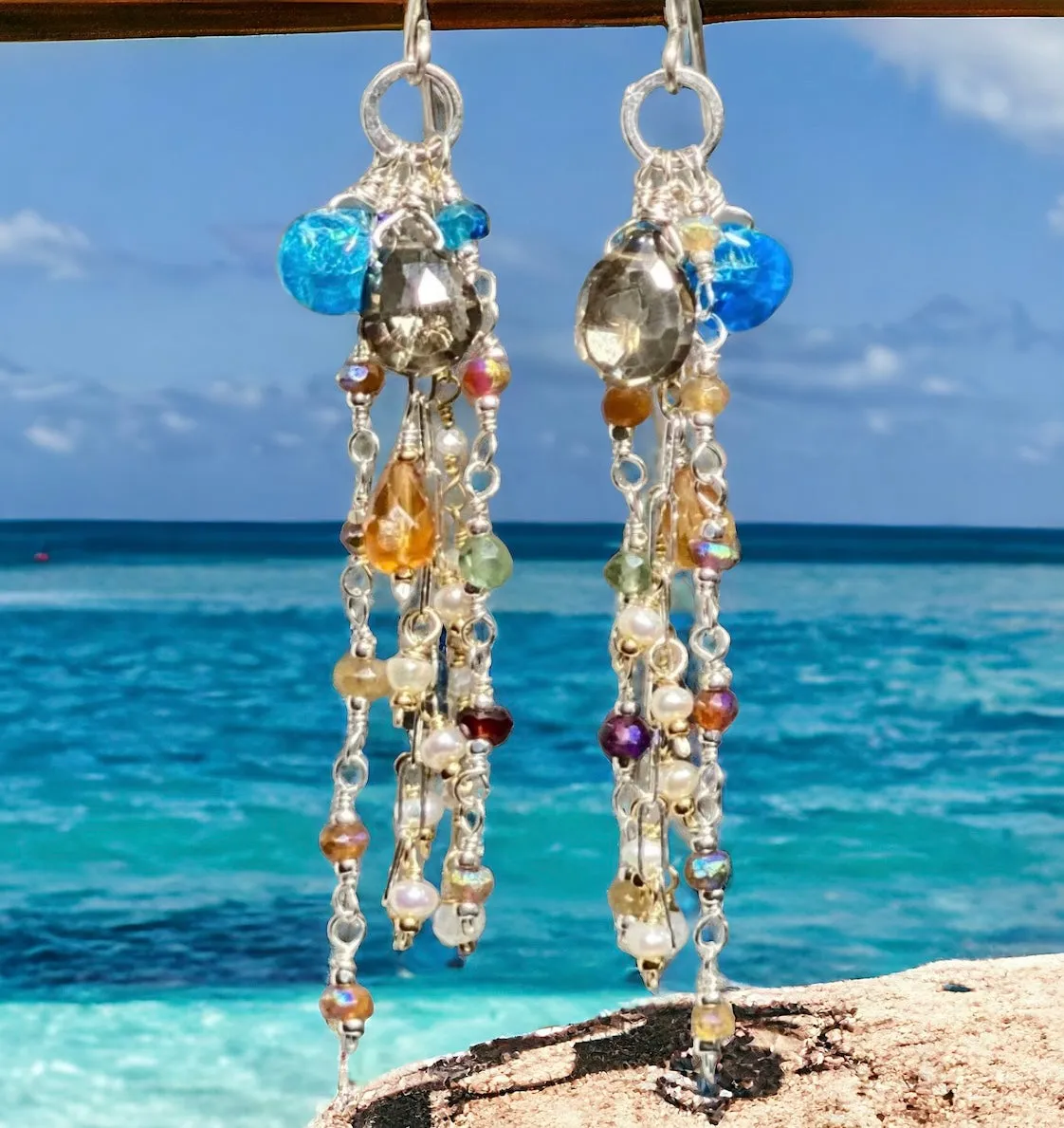 Boho Long Gem Dangle Earrings in Mixed Metals with Smokey Quartz, Apatite