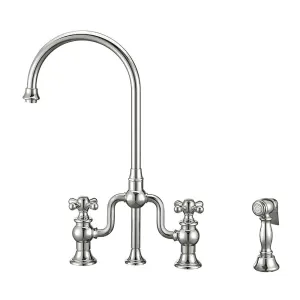 Bridge Faucet with Gooseneck Swivel Spout, Cross Handles and Solid Brass Side Spray