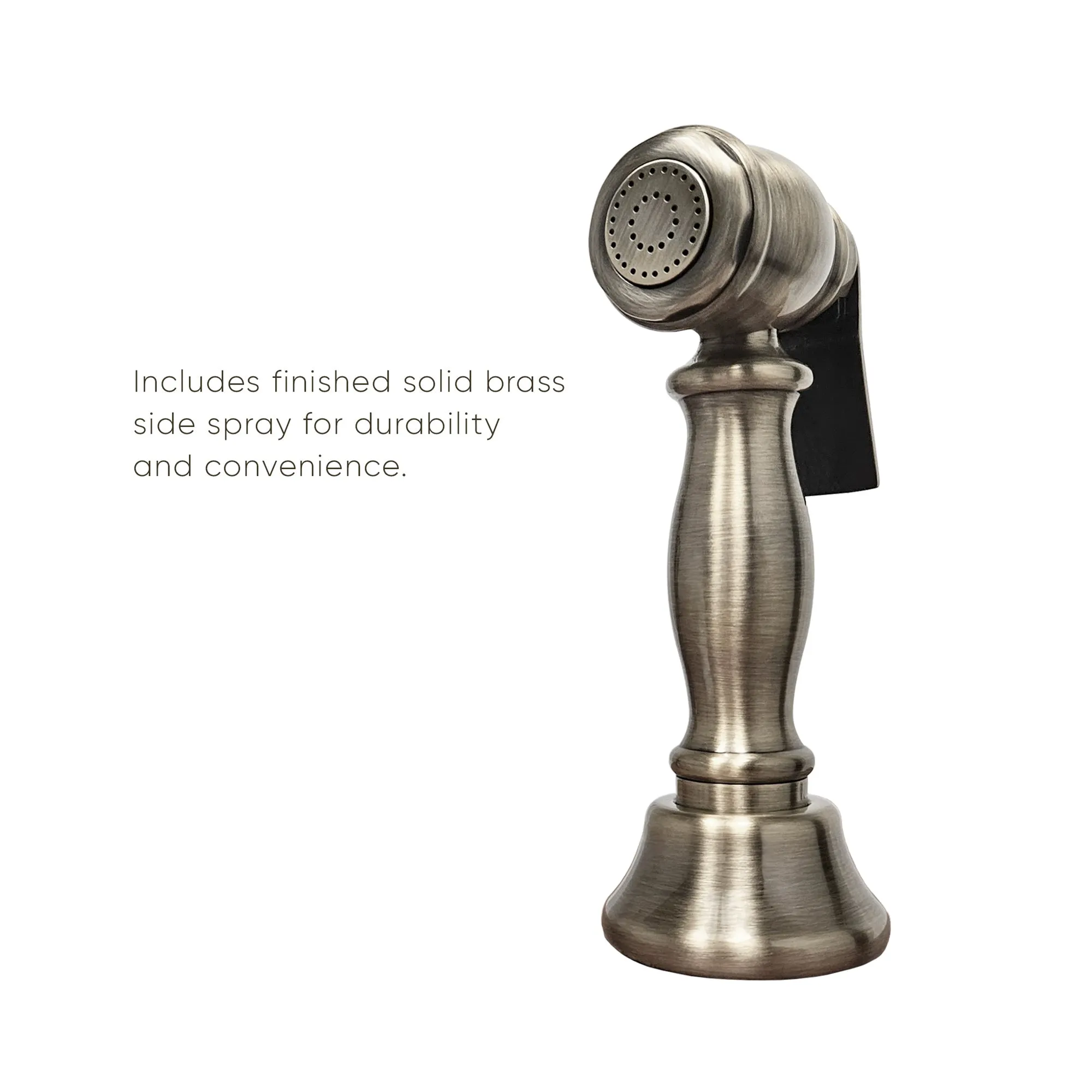Bridge Faucet with Gooseneck Swivel Spout, Lever Handles and Solid Brass Side Spray