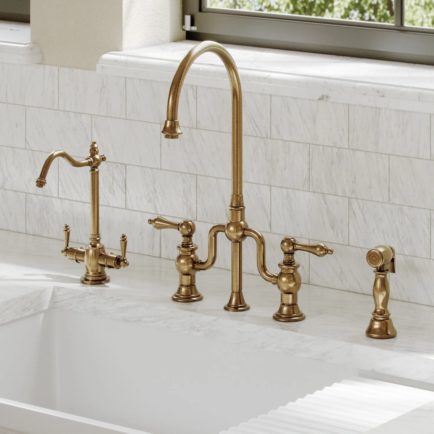 Bridge Faucet with Gooseneck Swivel Spout, Lever Handles and Solid Brass Side Spray