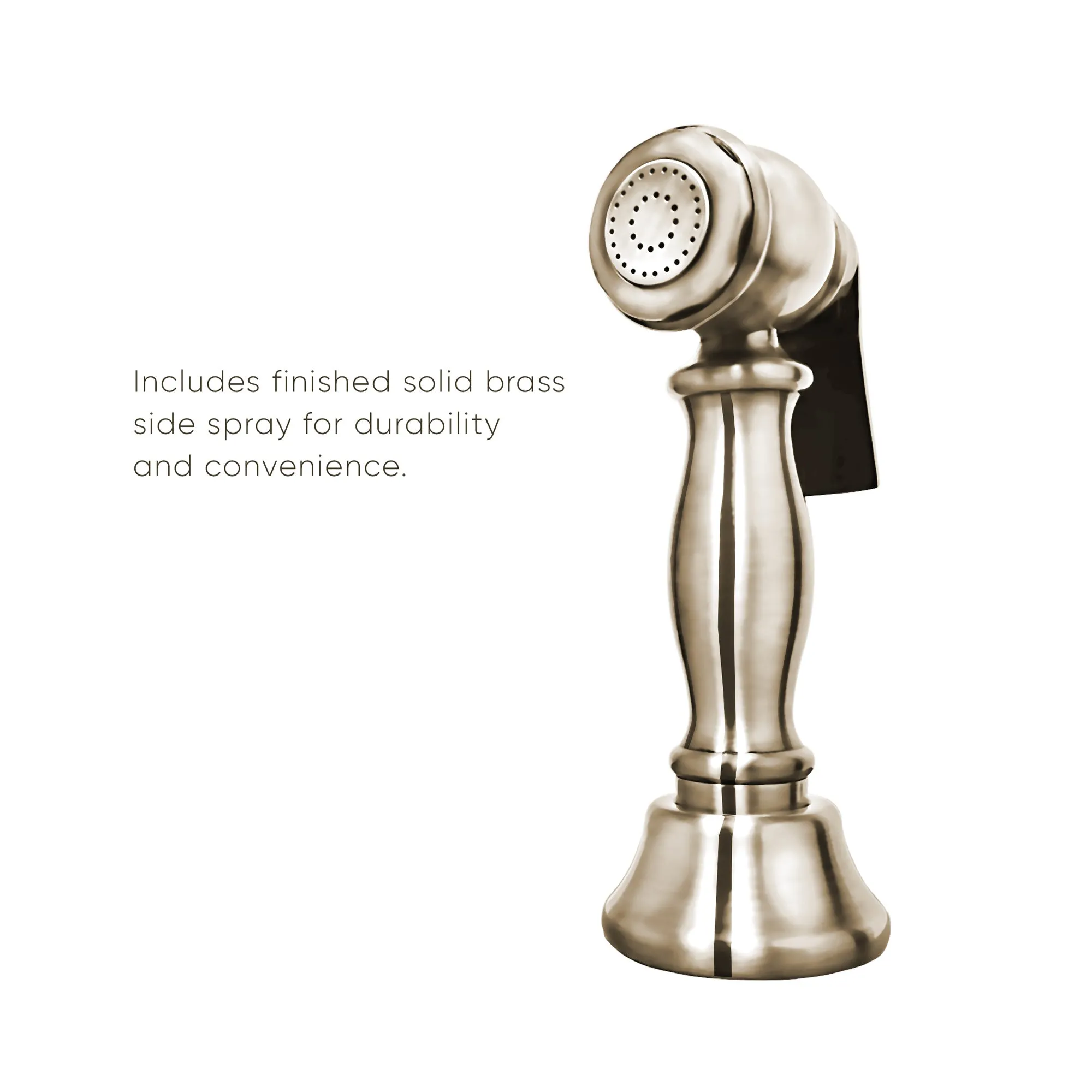 Bridge Faucet with Gooseneck Swivel Spout, Lever Handles and Solid Brass Side Spray