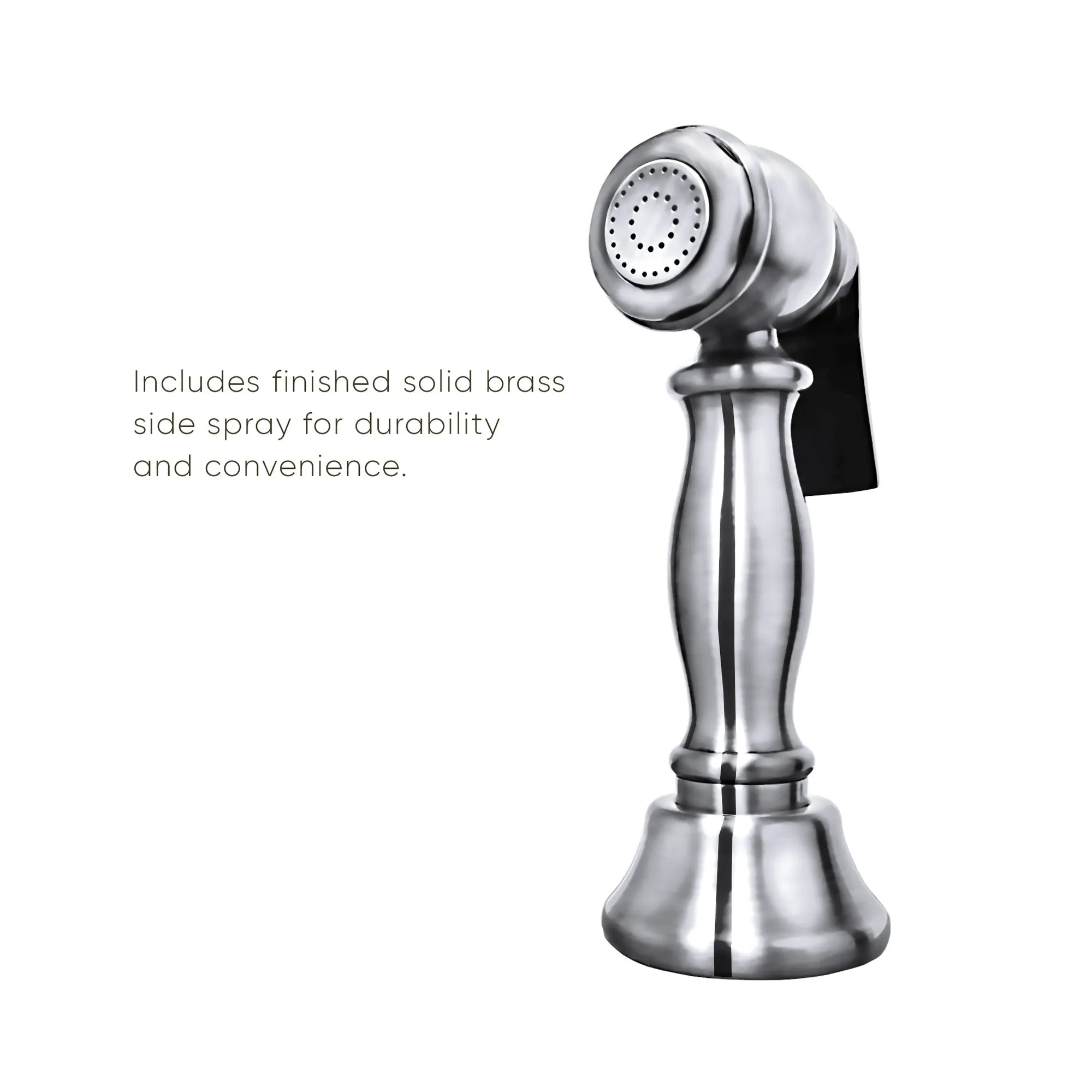 Bridge Faucet with Gooseneck Swivel Spout, Lever Handles and Solid Brass Side Spray