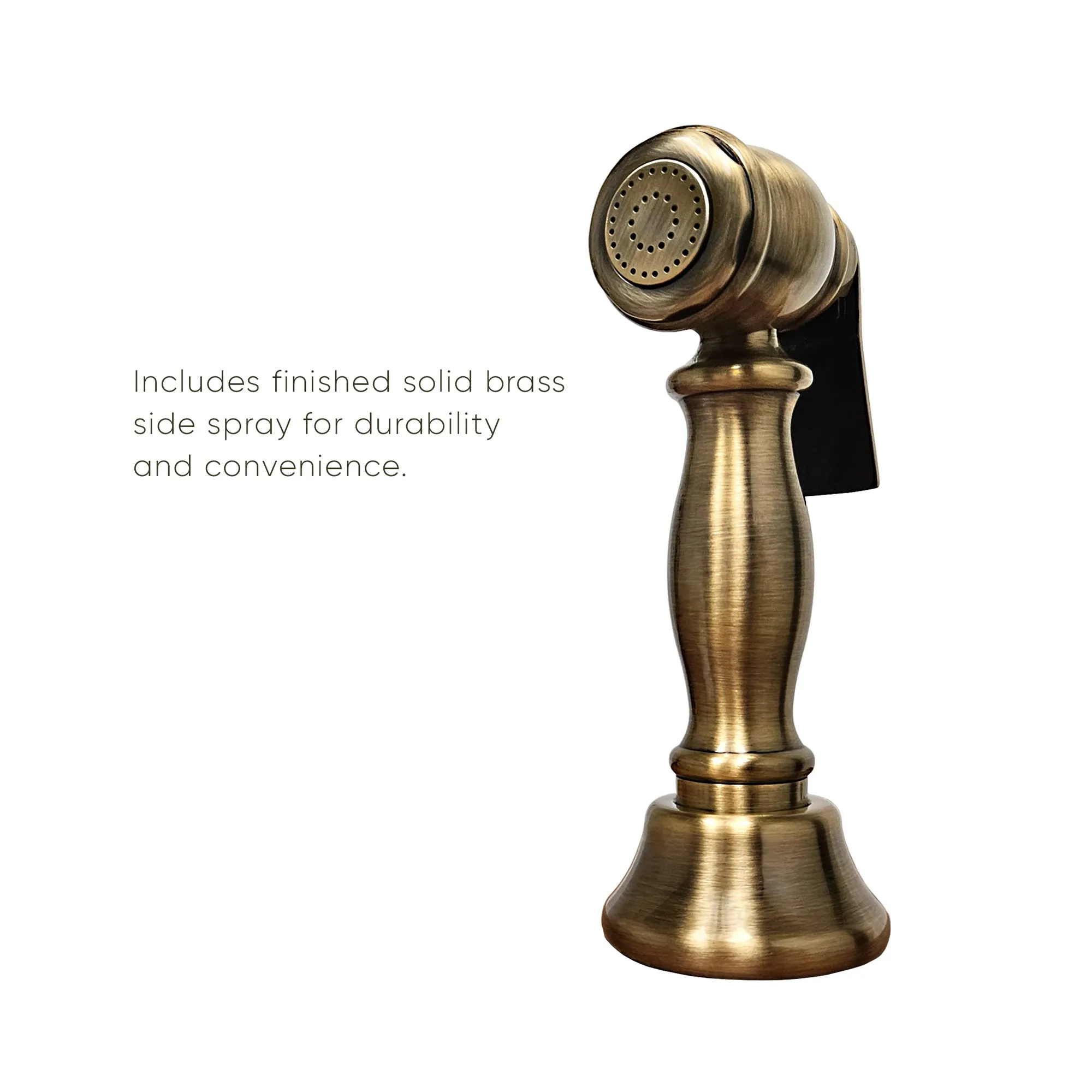 Bridge Faucet with Gooseneck Swivel Spout, Lever Handles and Solid Brass Side Spray