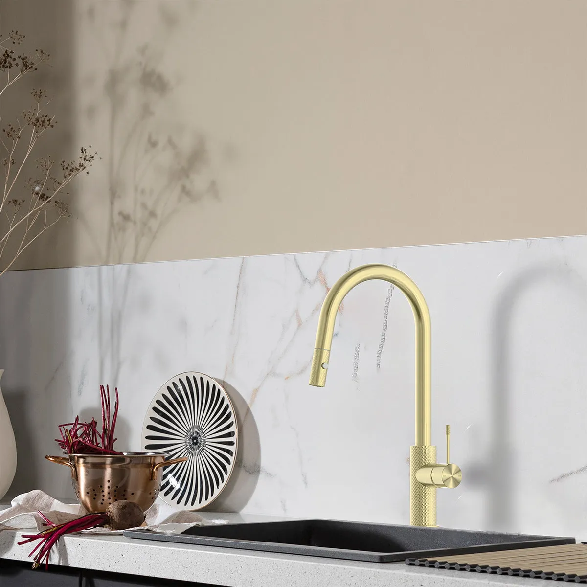 Brushed Gold Kitchen Tap with Pull Out Spray and Designer Handle