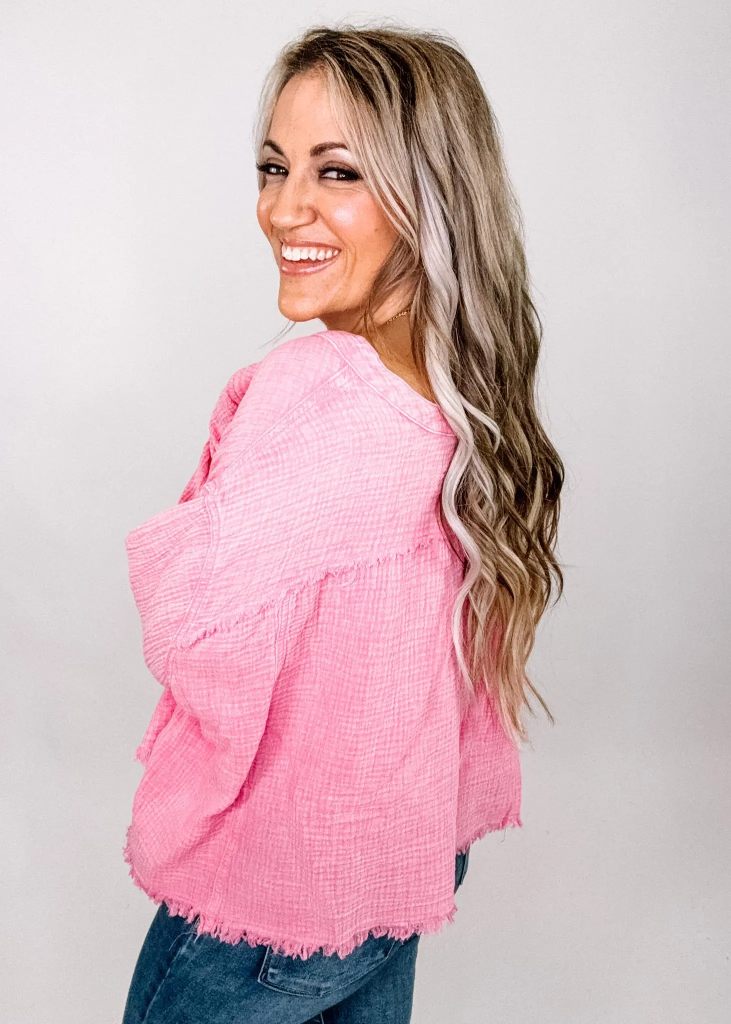 Bubble Pink Gauze Button Down Pocket Top