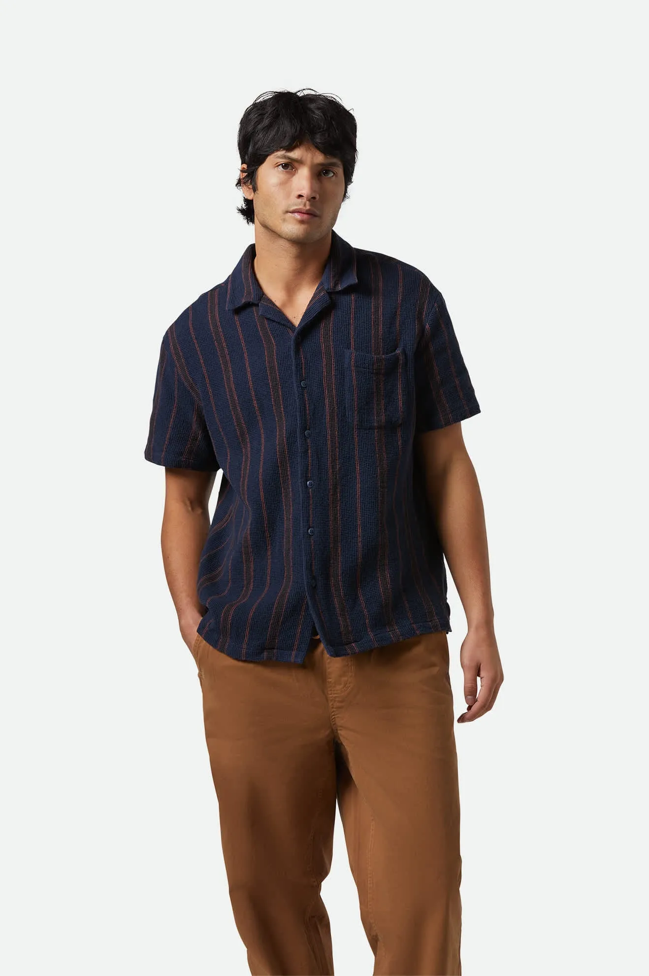 Bunker Waffle Stripe S/S Camp Collar Shirt - Washed Navy Stripe