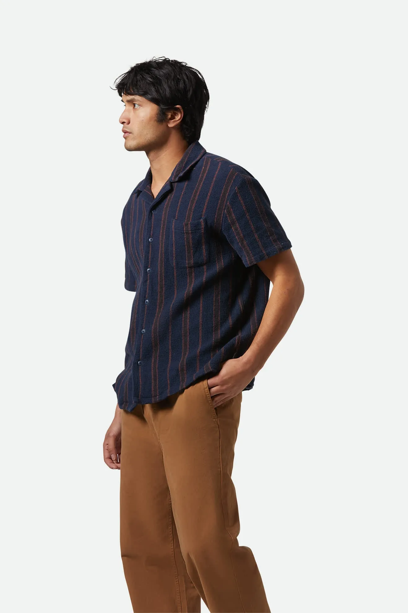 Bunker Waffle Stripe S/S Camp Collar Shirt - Washed Navy Stripe