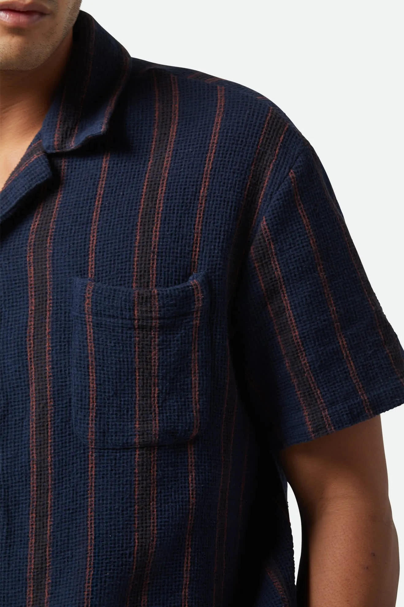 Bunker Waffle Stripe S/S Camp Collar Shirt - Washed Navy Stripe