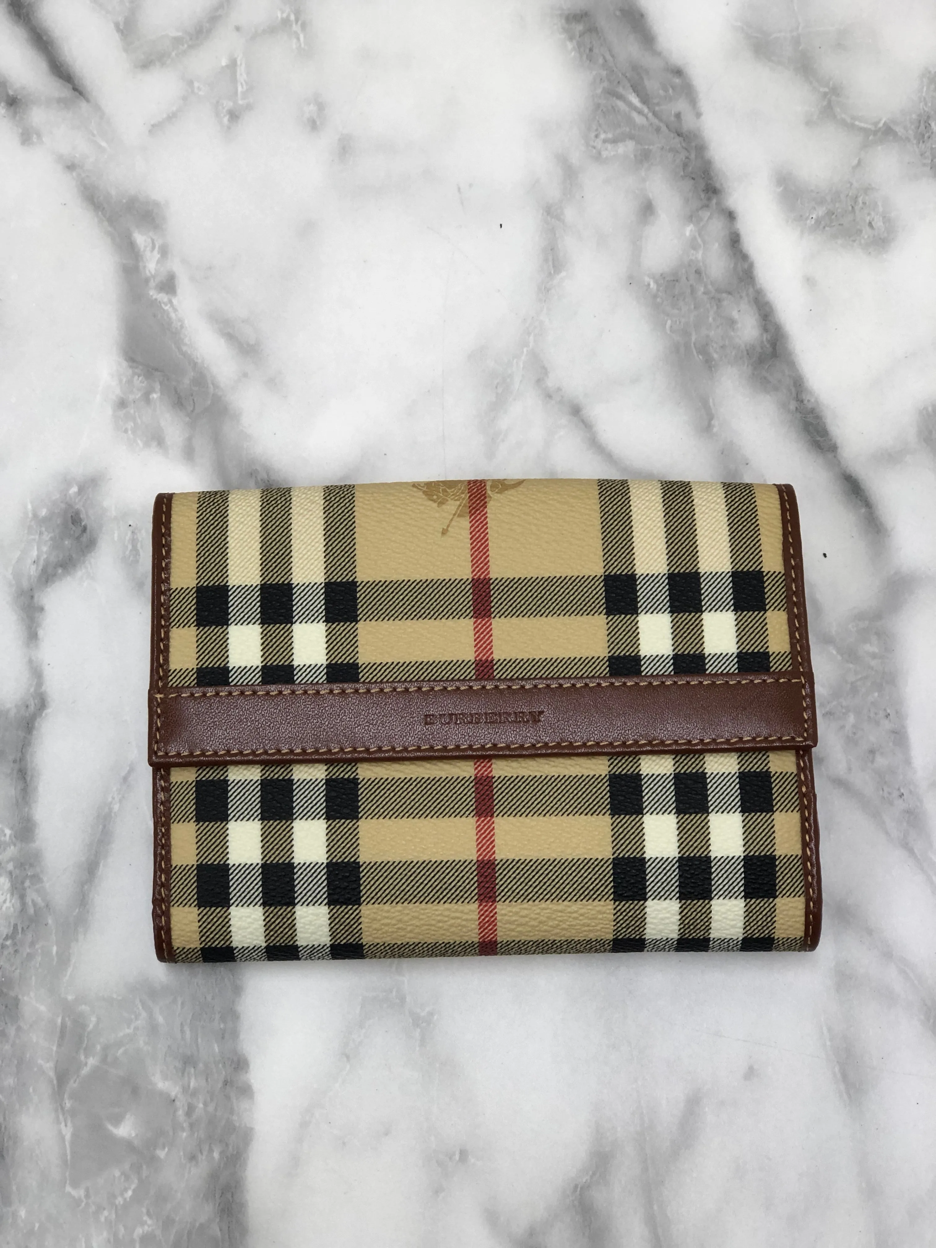 Burberry Nova Check Logo PVC Leather Folded Wallet Beige Vintage y7ama2