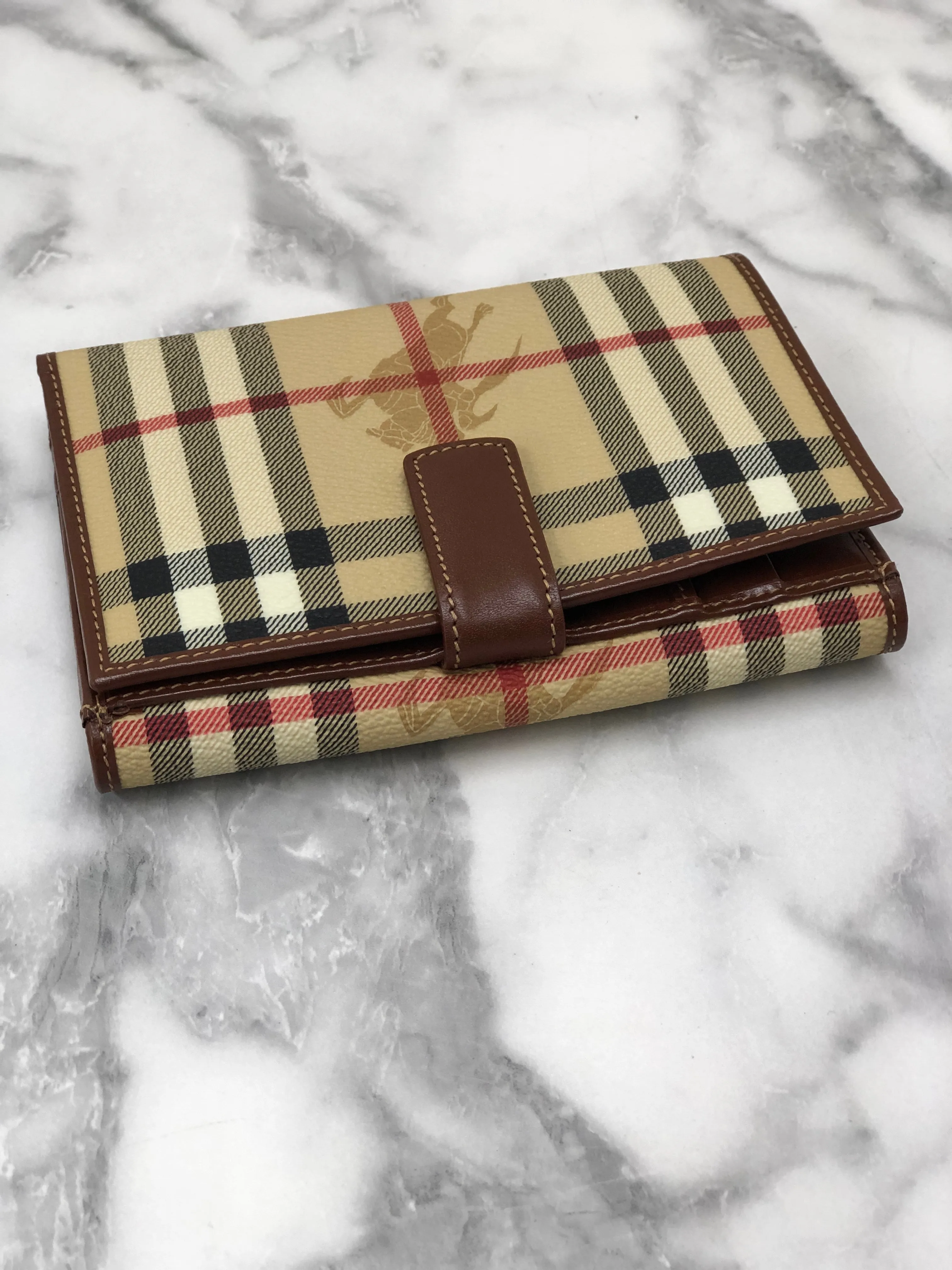 Burberry Nova Check Logo PVC Leather Folded Wallet Beige Vintage y7ama2