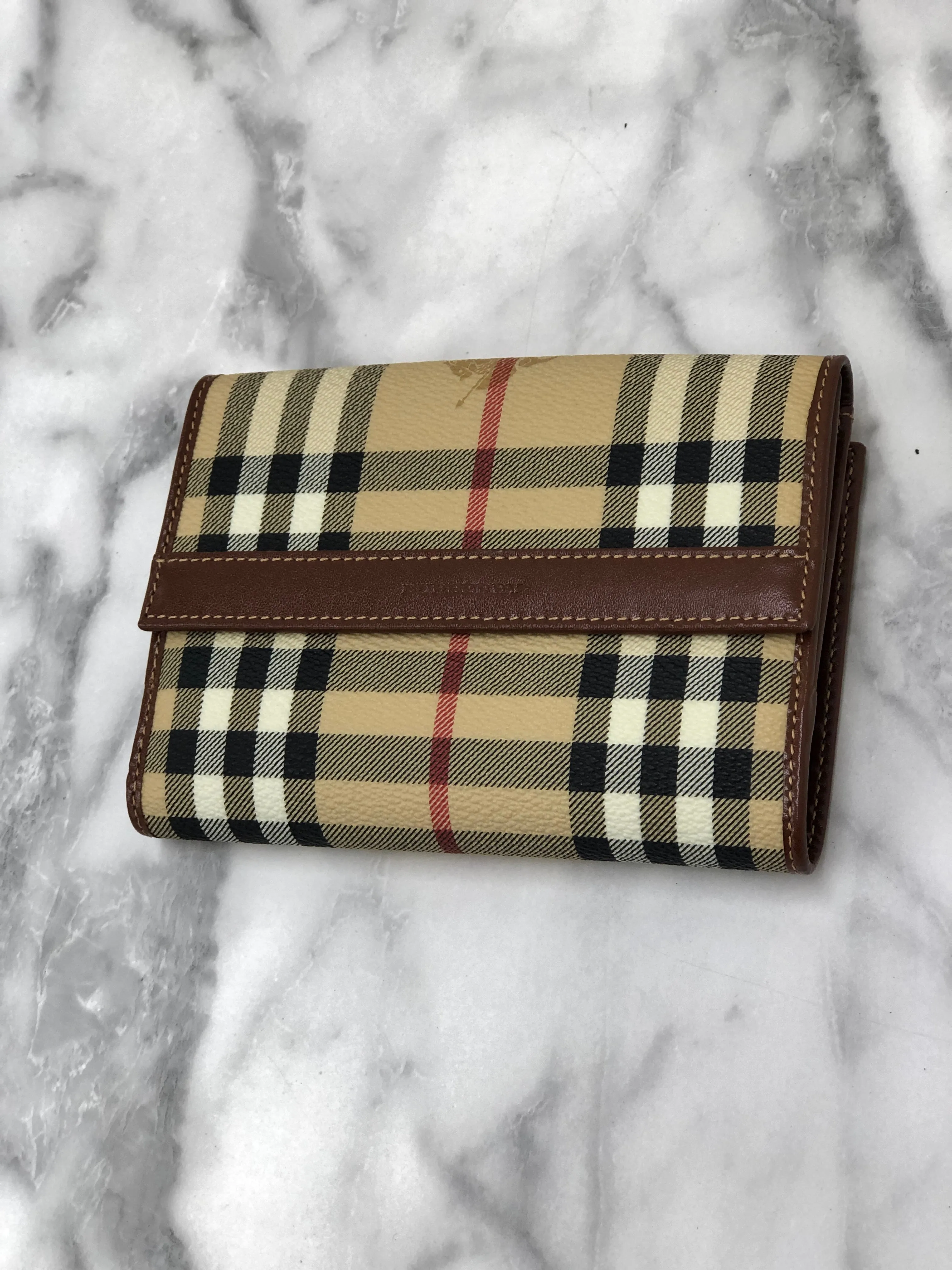 Burberry Nova Check Logo PVC Leather Folded Wallet Beige Vintage y7ama2