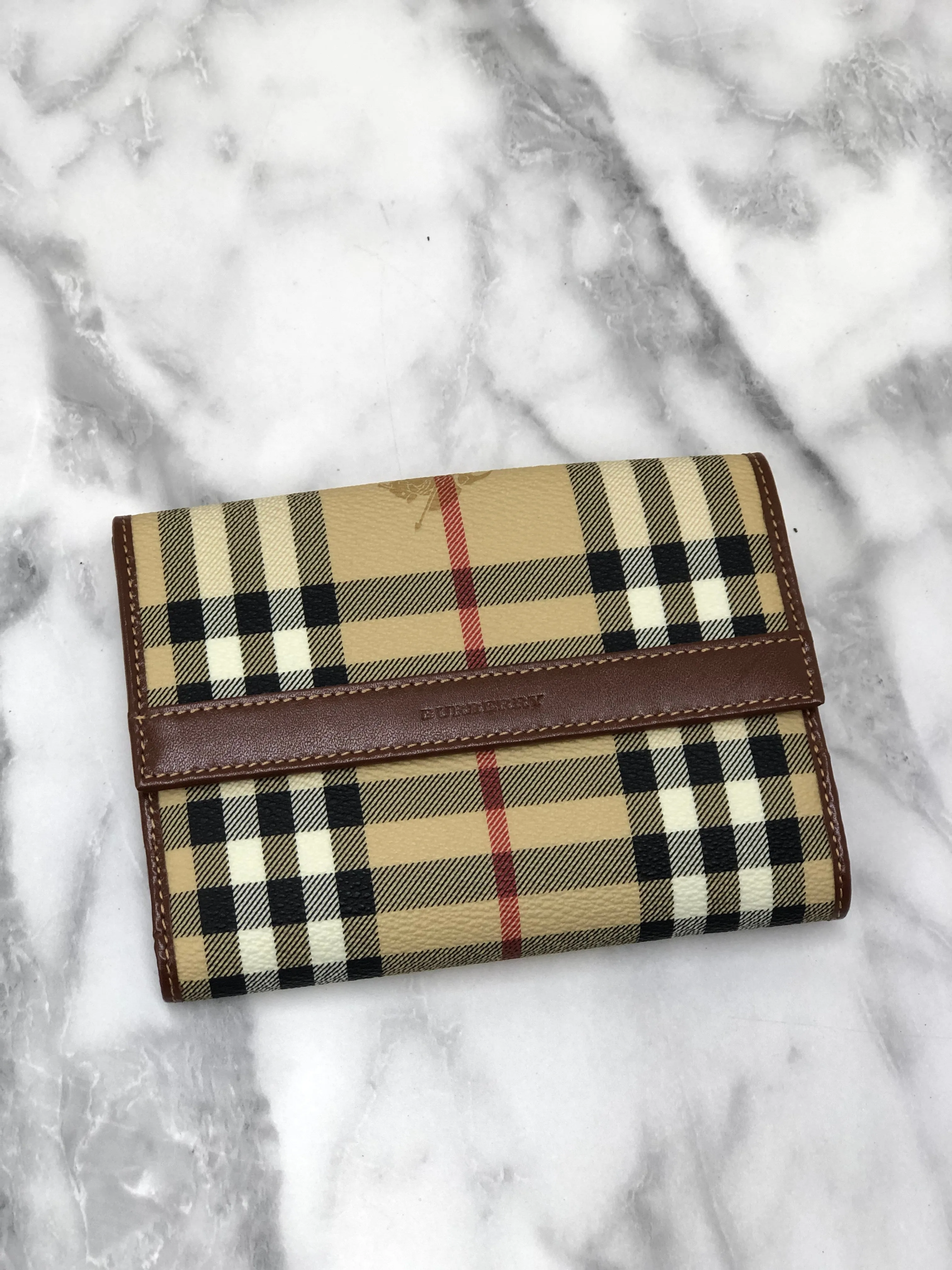 Burberry Nova Check Logo PVC Leather Folded Wallet Beige Vintage y7ama2