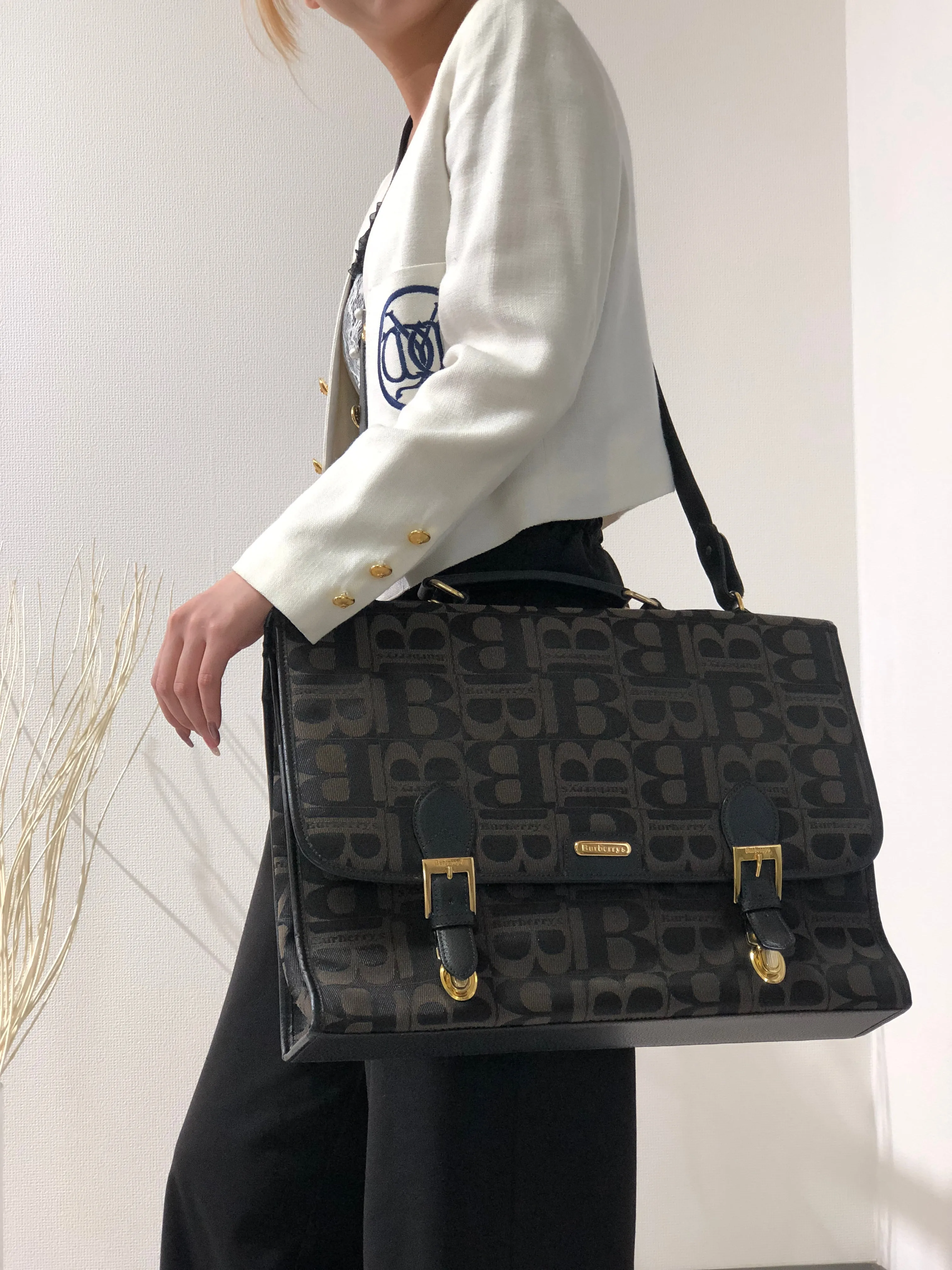 Burberrys Blogo Jacquard 2way Satchel Bag Shoulder Bag Black Vintage Old a88ihp
