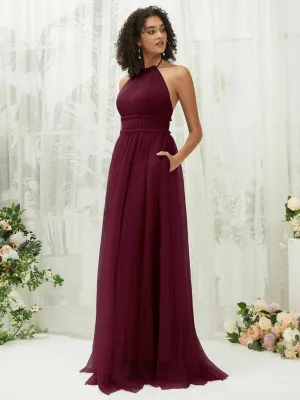 Burgundy Tulle Halter Neck Floor Length Bridesmaid Dress With Pocket
