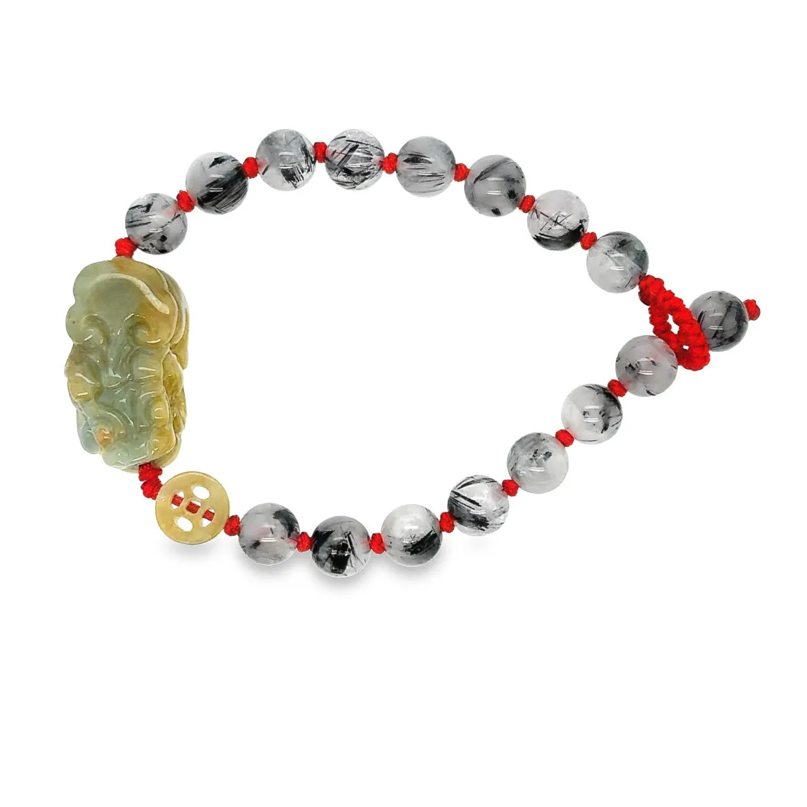 Burmese Honey Jadeite Pei Yao & Coin Paired w/Tourmalated Quartz Toggle Silk Bracelet