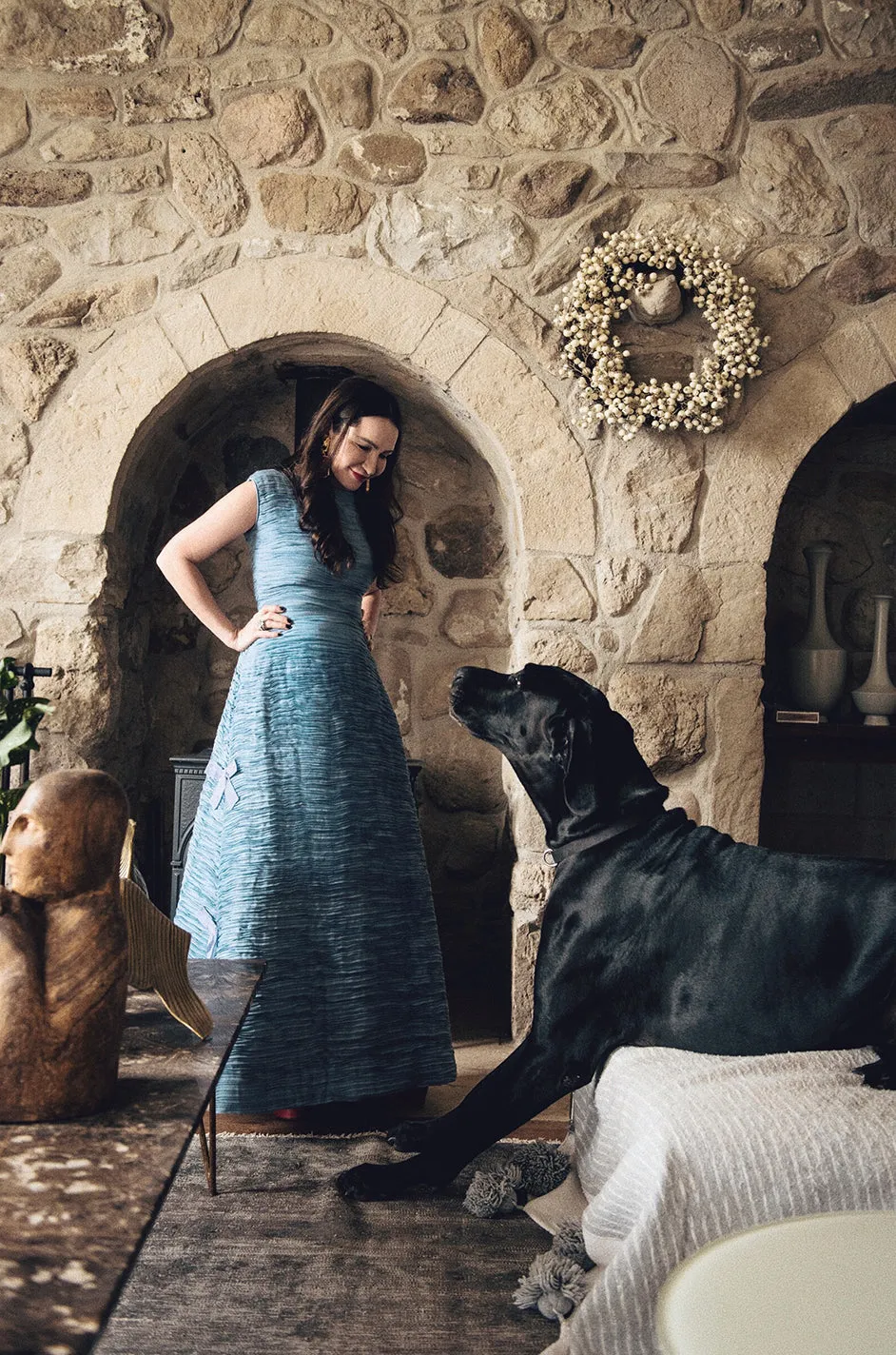 c.1965 Sybil Connolly Couture Bow Detailed Blue Pleated Irish Linen Dress