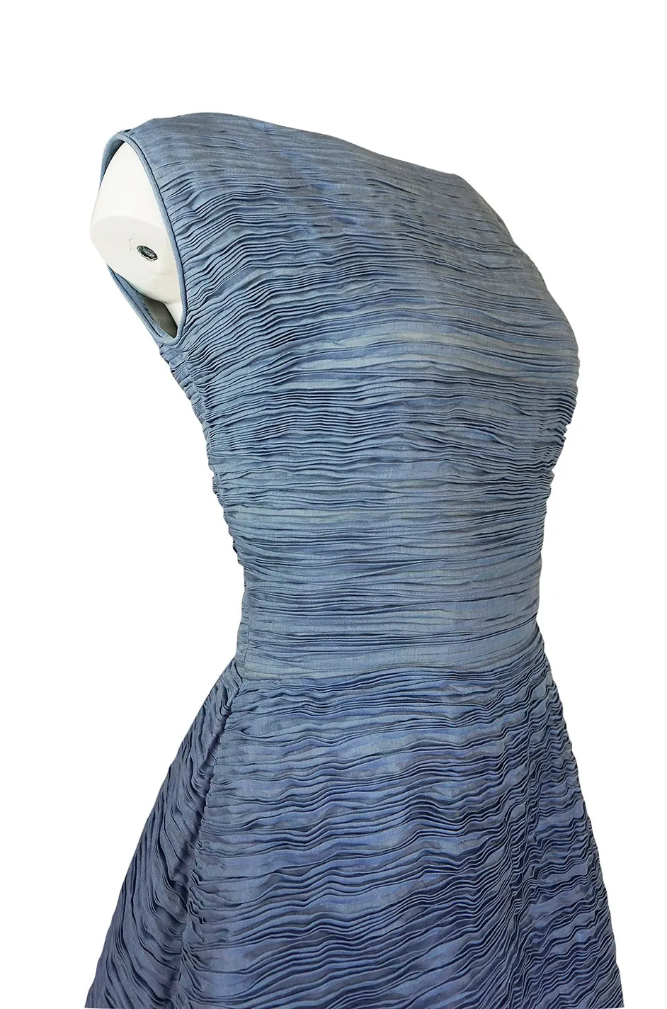 c.1965 Sybil Connolly Couture Bow Detailed Blue Pleated Irish Linen Dress