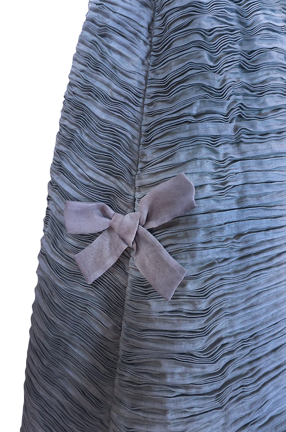 c.1965 Sybil Connolly Couture Bow Detailed Blue Pleated Irish Linen Dress
