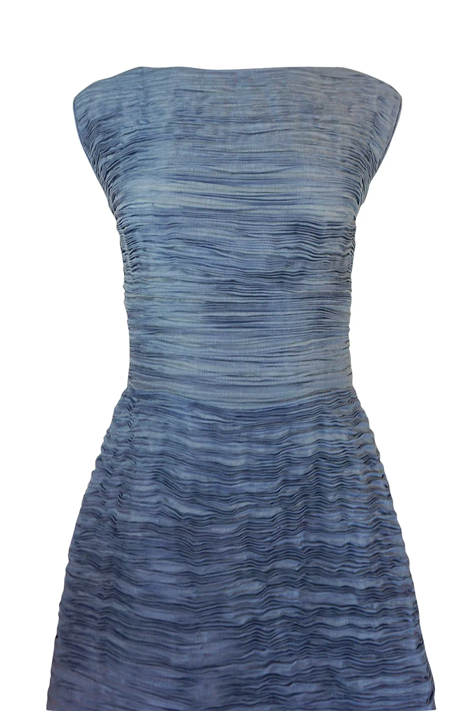 c.1965 Sybil Connolly Couture Bow Detailed Blue Pleated Irish Linen Dress