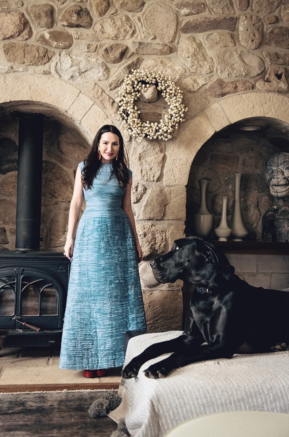 c.1965 Sybil Connolly Couture Bow Detailed Blue Pleated Irish Linen Dress