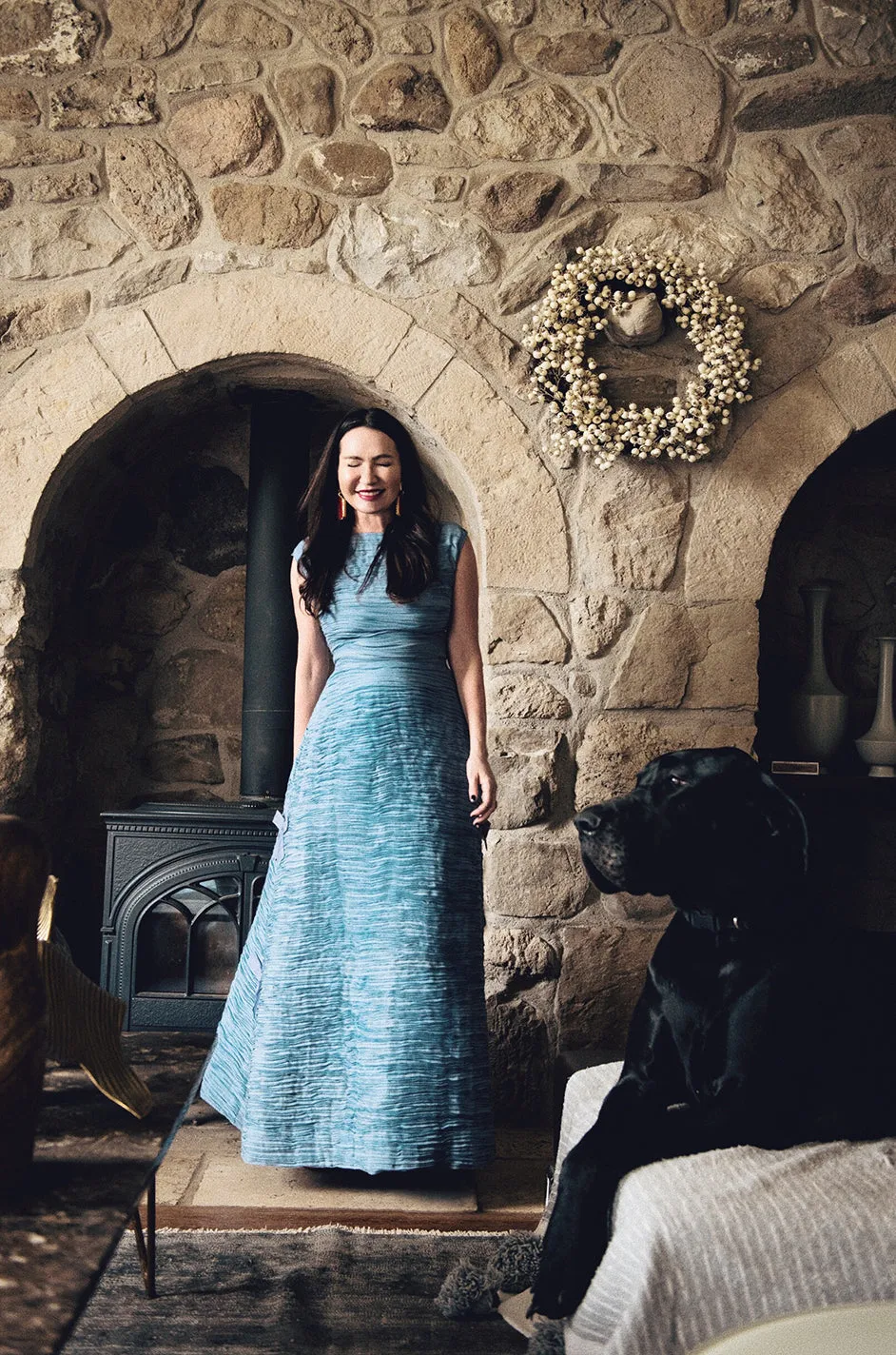 c.1965 Sybil Connolly Couture Bow Detailed Blue Pleated Irish Linen Dress