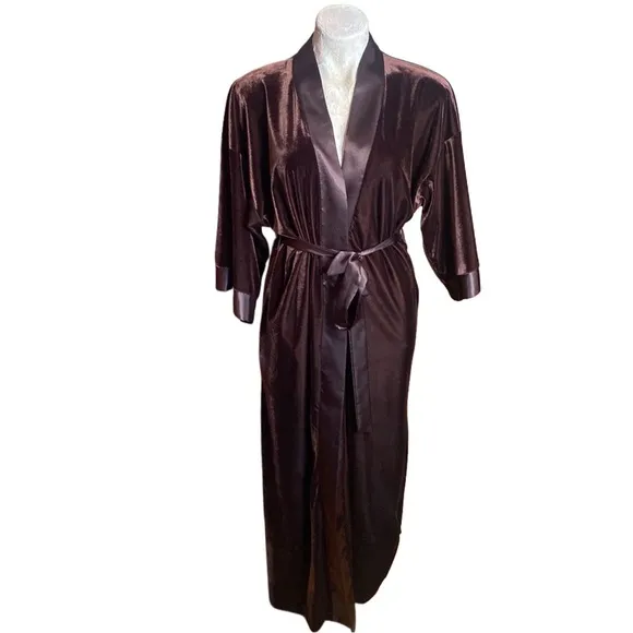 California Dynasty chocolate mocha Brown Velvet Satin Robe Women Vintage sz M