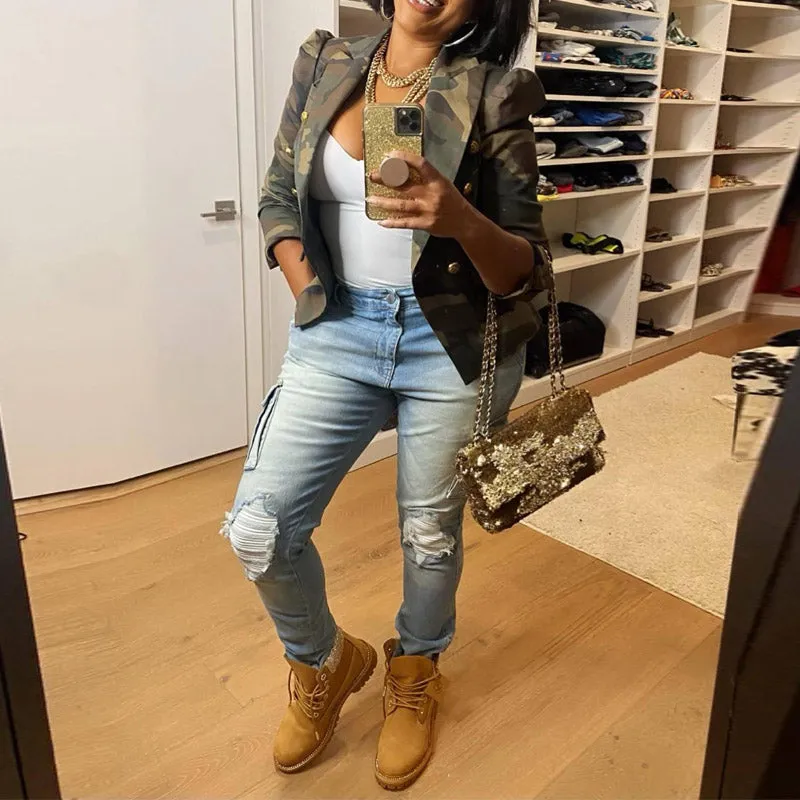 Camouflage Pattern Button Detailed Coat