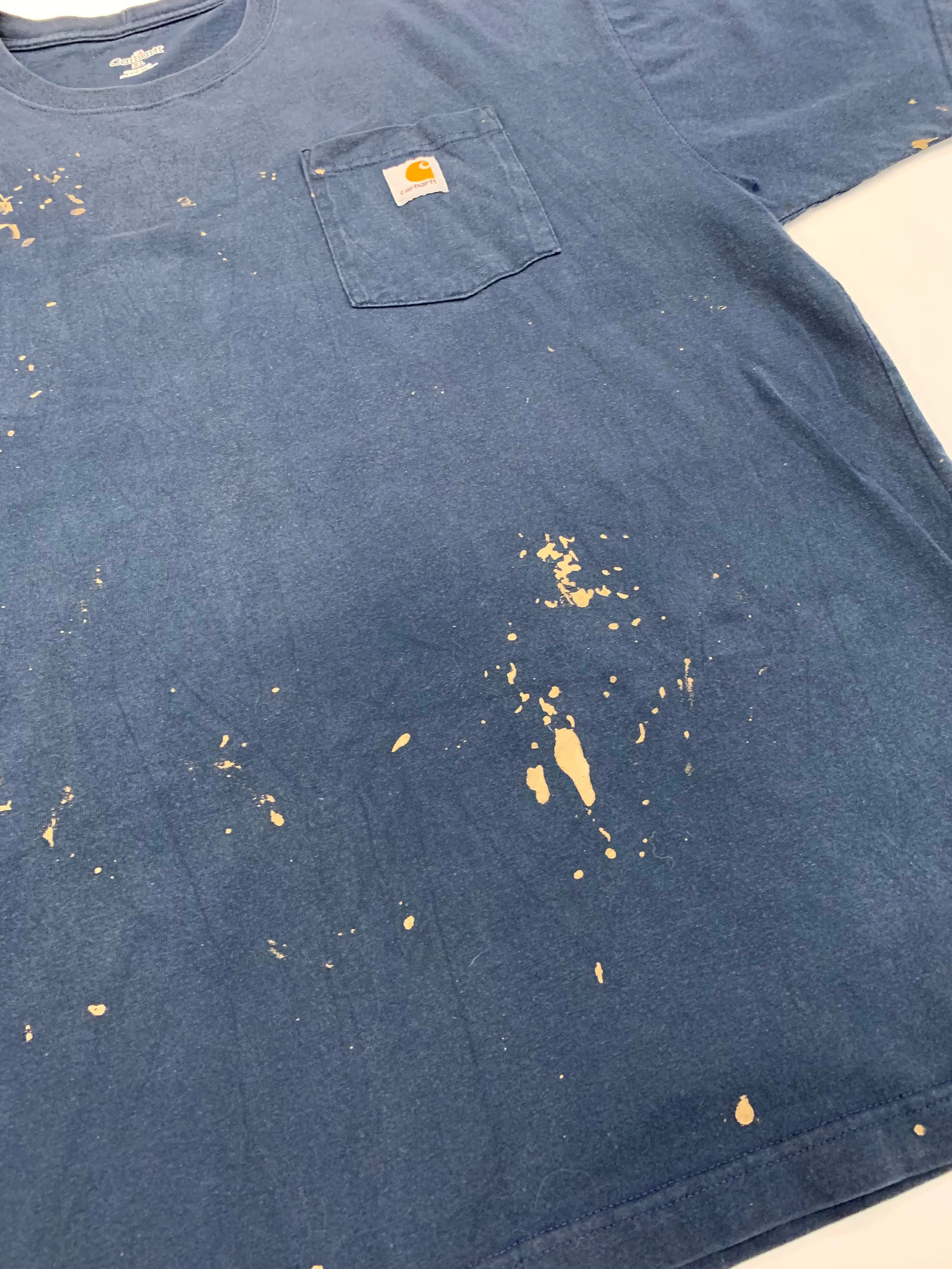 Carhartt Pocket T-Shirt with Copper Brown Paint Distressing - Navy - XL
