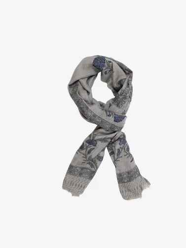 Cashmere Hand Block Blue Floral Motifs Scarf