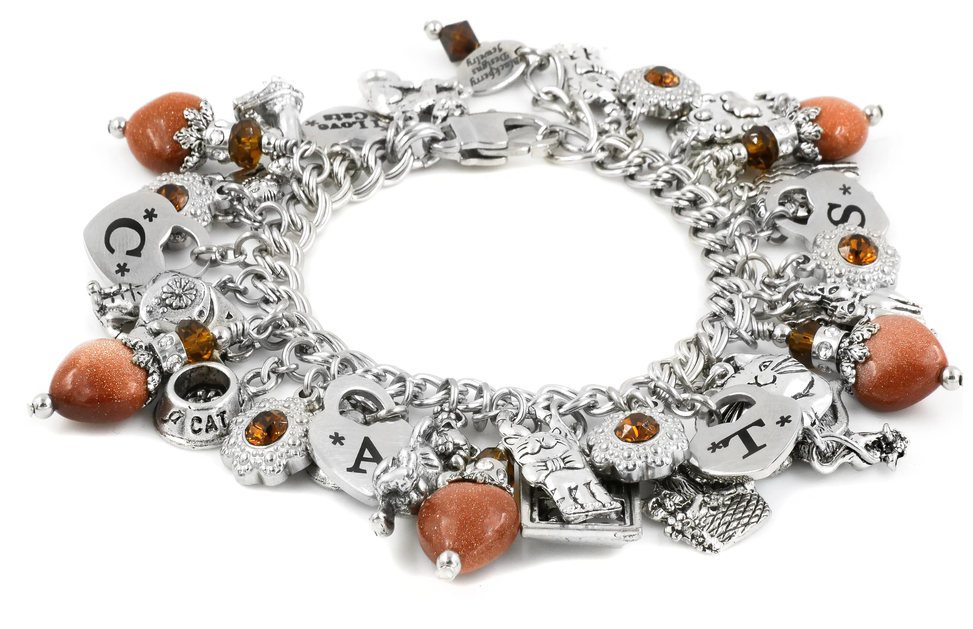 Cat Charm Bracelet with Gemstone Hearts