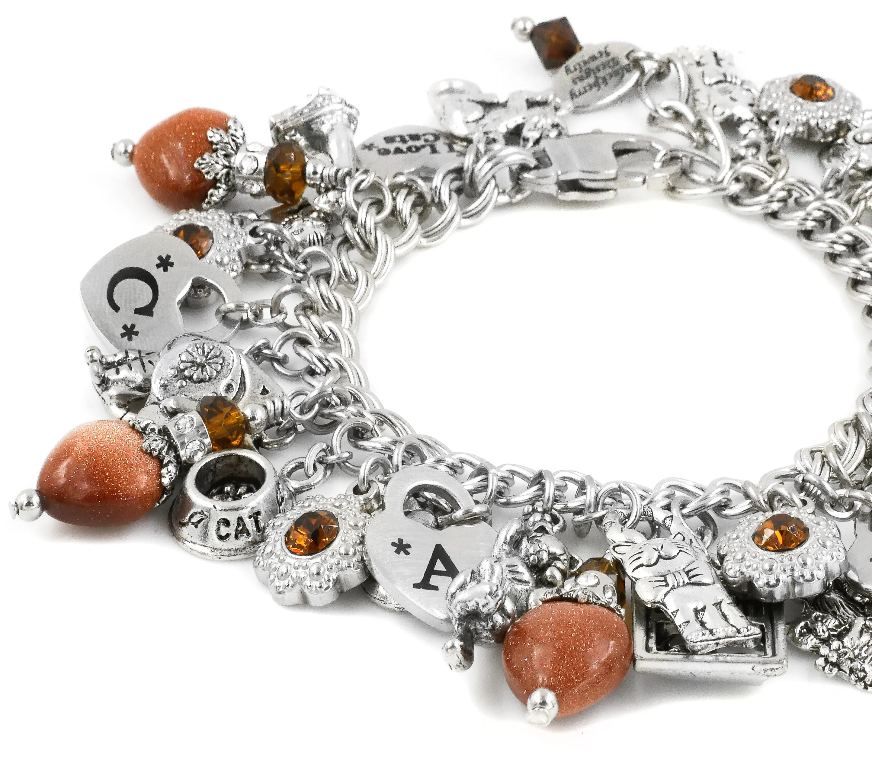 Cat Charm Bracelet with Gemstone Hearts