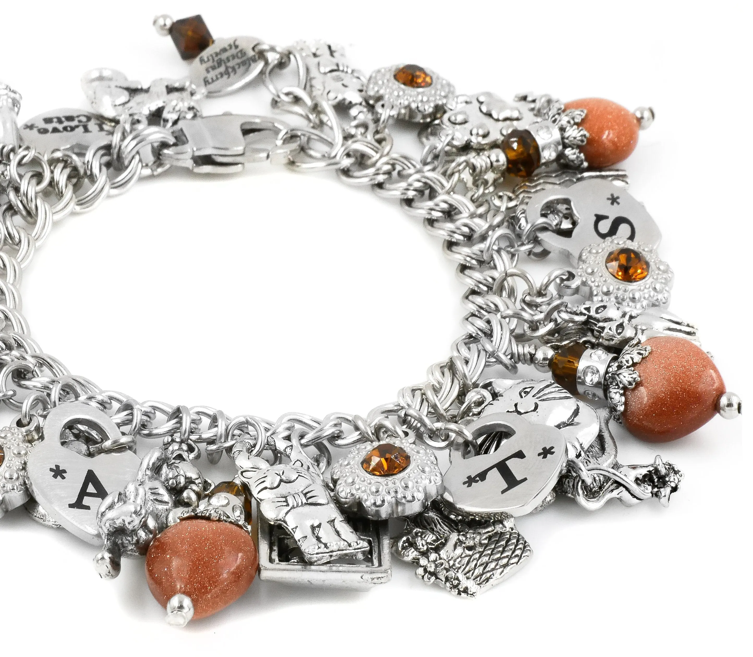 Cat Charm Bracelet with Gemstone Hearts